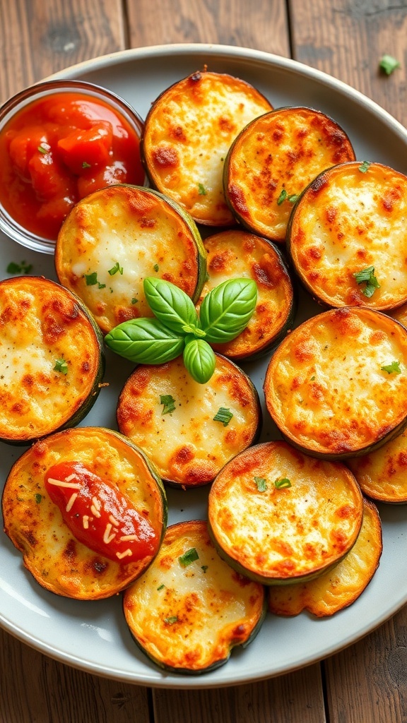 Baked Zucchini Parmesan Recipe Baked zucchini parmesan on a plate with marinara sauce and fresh basil.
